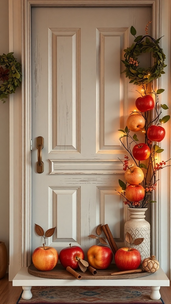 A decorated door with apples, cinnamon sticks, and a wreath for Thanksgiving