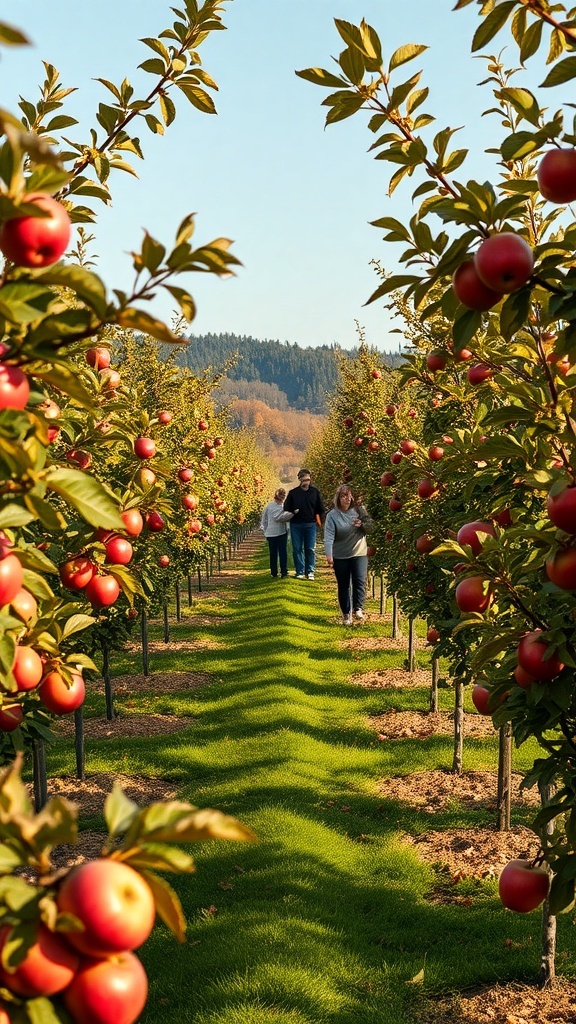 People walking through an apple orchard with red apples on trees
