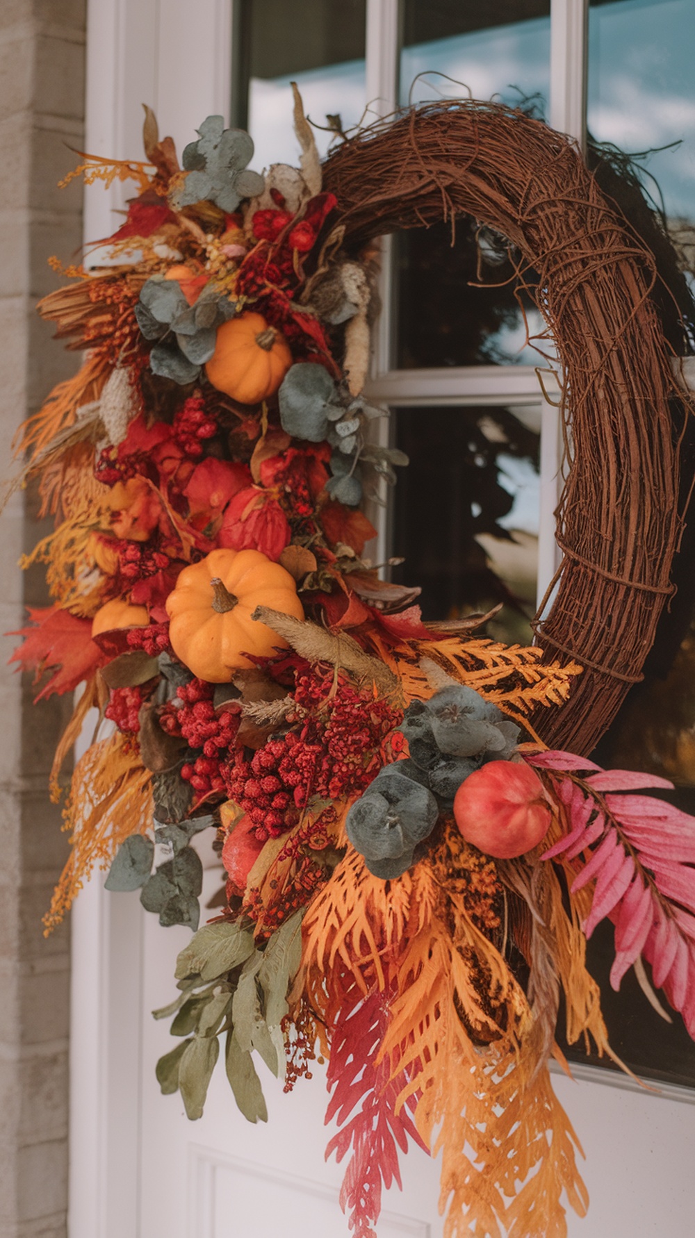 A fall wreath with pumpkins, colorful leaves, and berries, showcasing autumn colors.