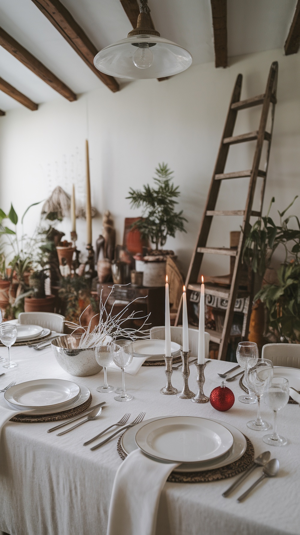 A beautifully set table with crisp white linens, elegant tableware, and festive decorations.