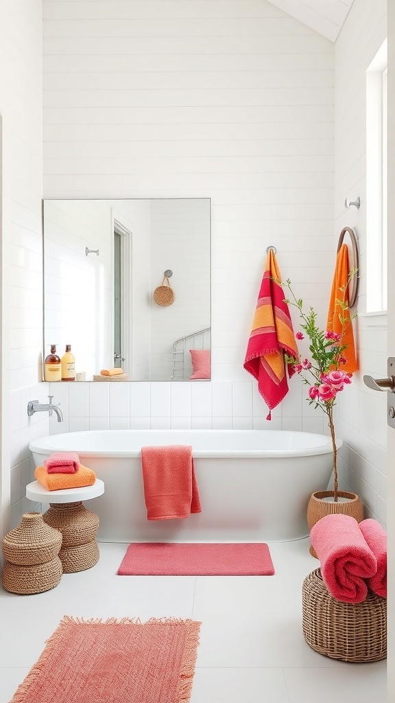A bright white bathroom featuring colorful towels and accessories, creating a lively and inviting atmosphere.