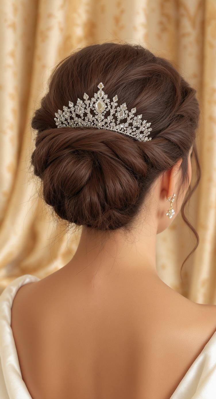 A woman with a crown braid bun hairstyle adorned with a sparkling tiara.