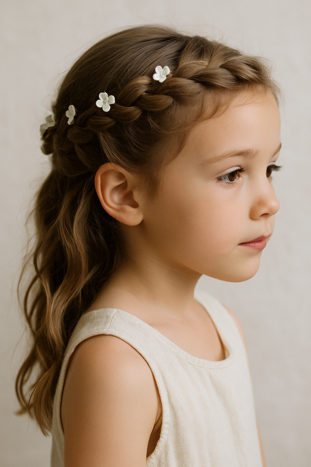 A young girl with a crown braid hairstyle adorned with floral clips, showcasing a neat and elegant look.