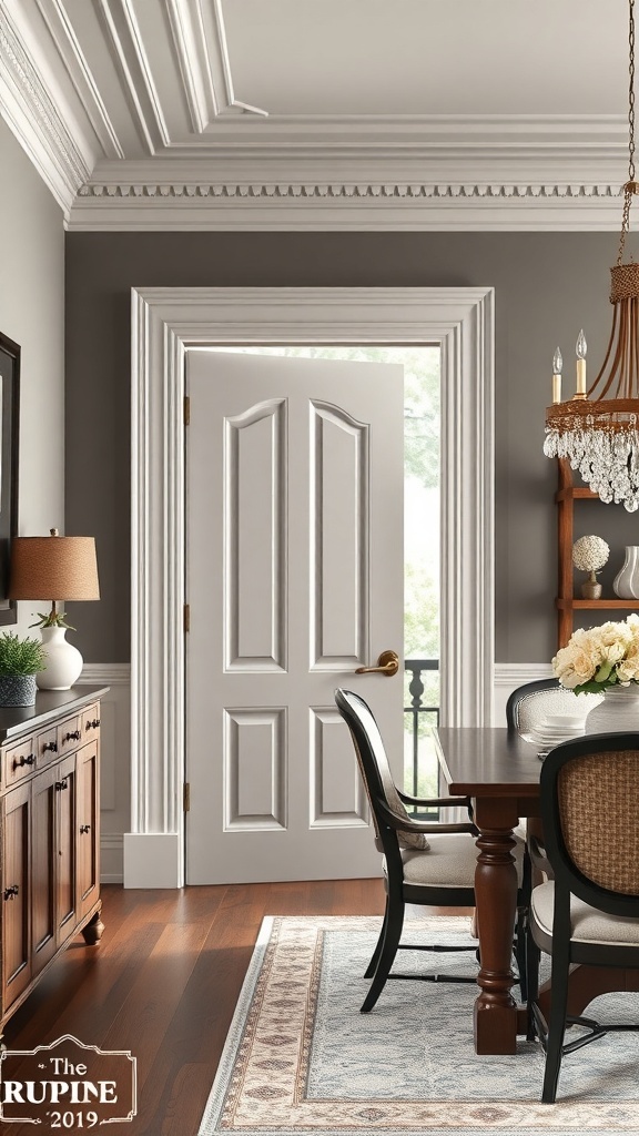 A room featuring elegant crown molding casing around a door, with a stylish dining area in the background.