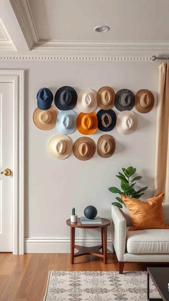 A wall display of various hats arranged in a stylish manner