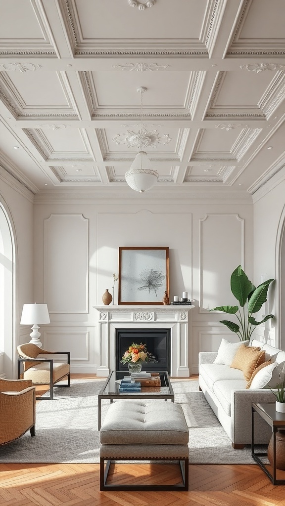 A stylish living room featuring intricate crown moulding on the ceiling, with a cozy seating area and a fireplace.