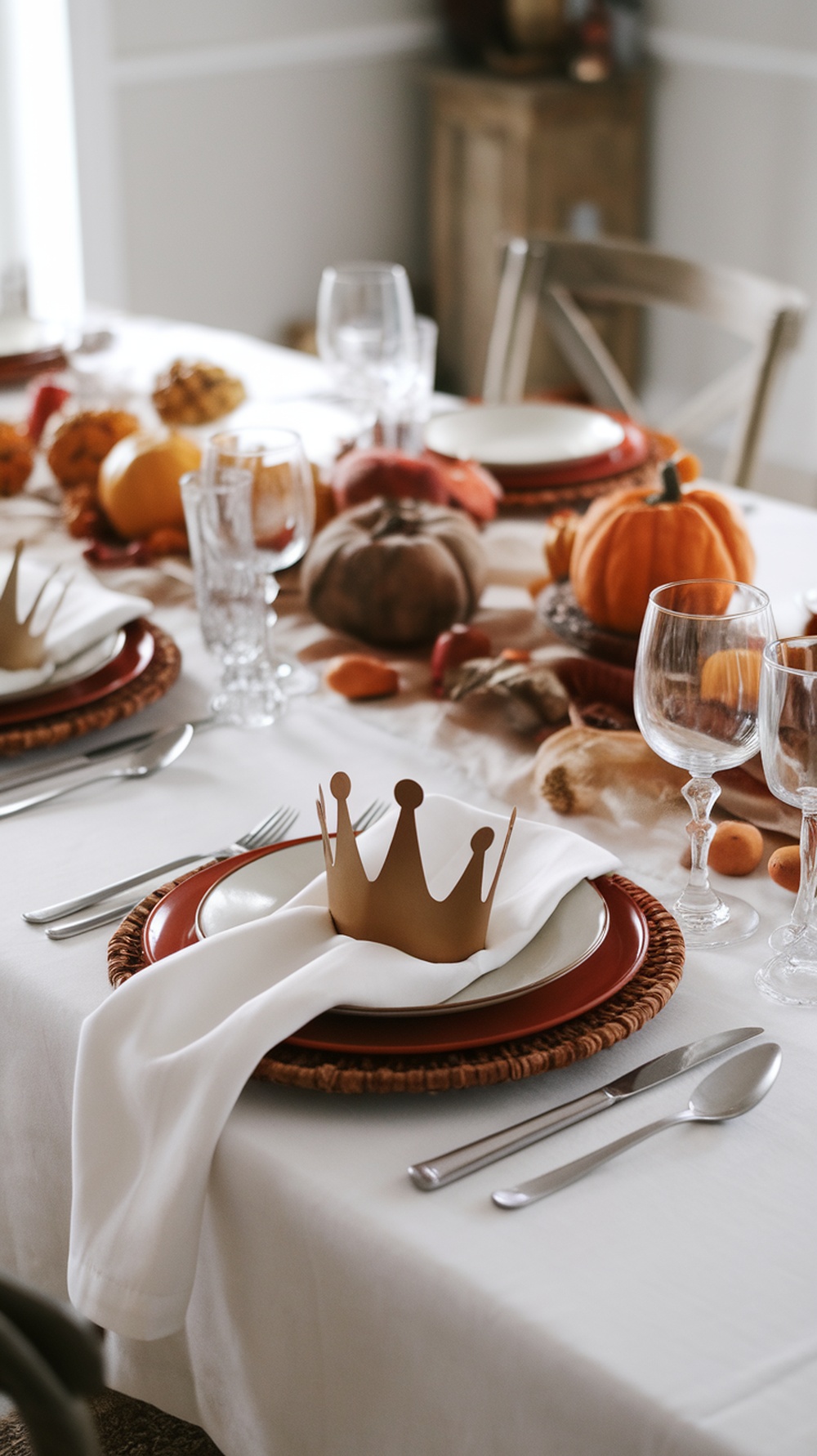 A beautifully set Thanksgiving table featuring crown napkin folds and autumn decorations.