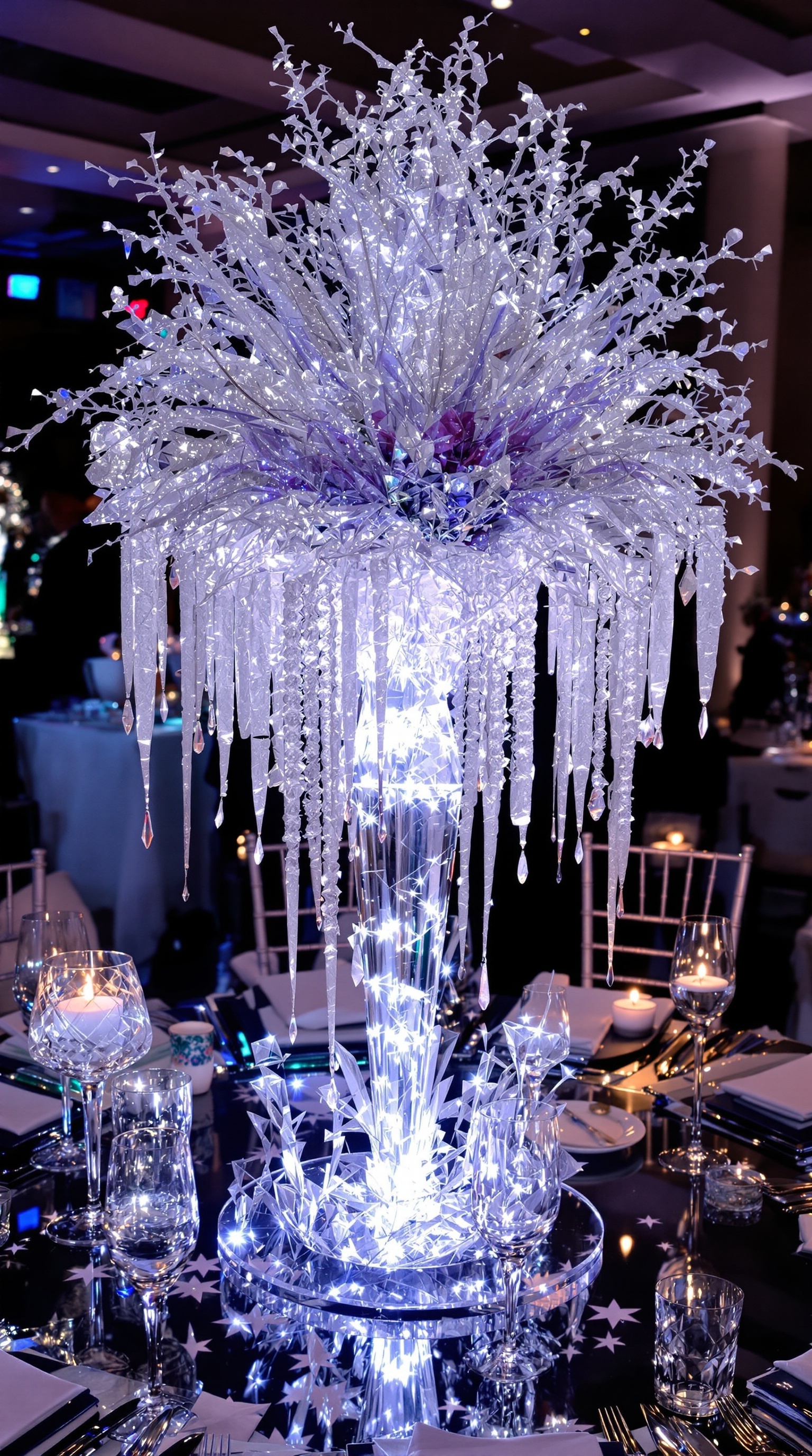 A beautifully decorated winter baby shower table with crystal and ice-inspired centerpieces, featuring a white tree centerpiece, floral arrangements, and twinkling lights.