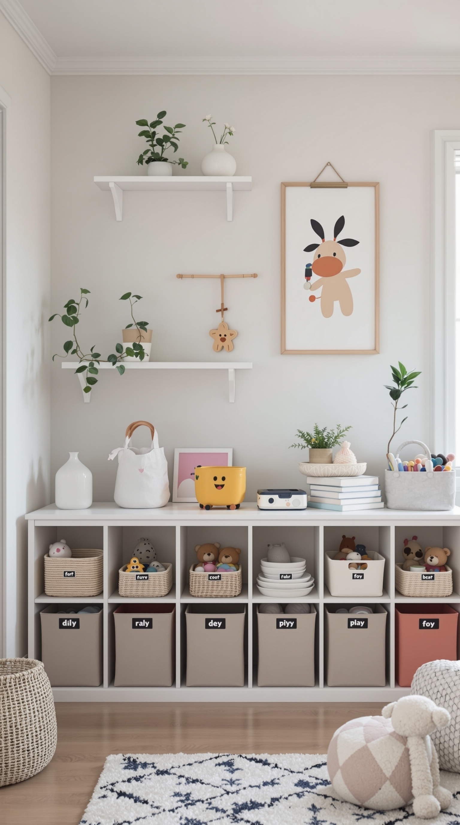 A playroom with organized cubbies for toy storage, featuring labeled bins and a cozy rug.