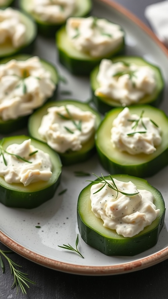 Plate of cucumber rounds topped with cream cheese spread and garnished with herbs.