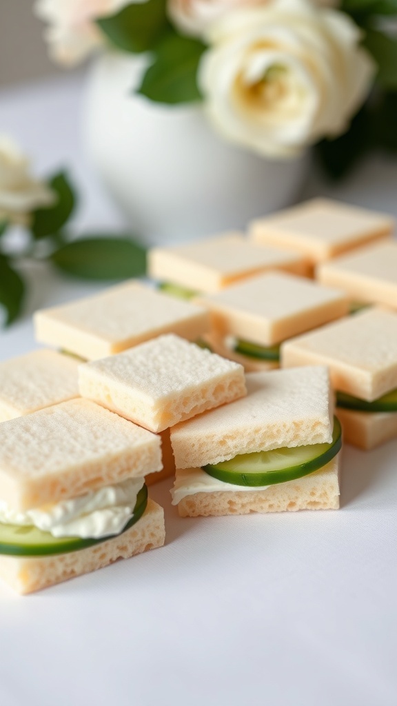 A plate of cucumber sandwiches with cream cheese arranged beautifully for a bridal shower.