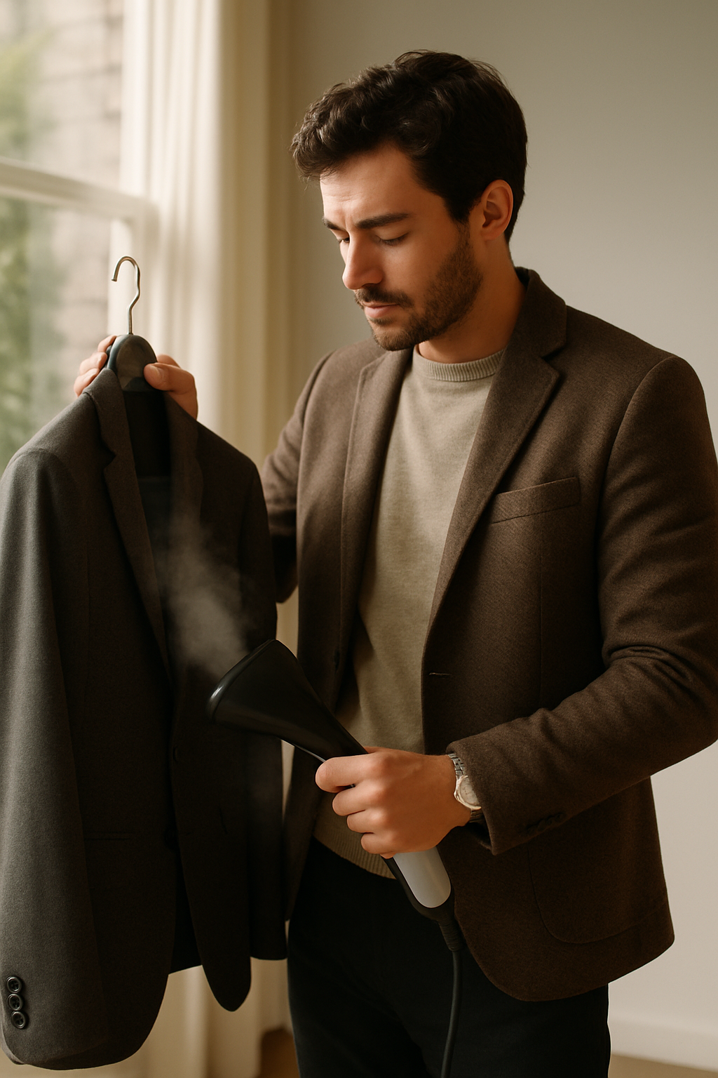 Un hombre usando un vaporizador para eliminar arrugas de un blazer colgado.