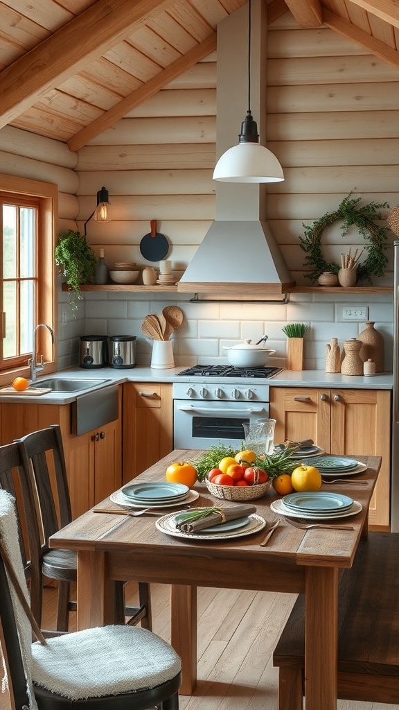 Cozy cabin kitchen with a wooden table set for a meal, featuring fresh fruits and a warm, inviting atmosphere.
