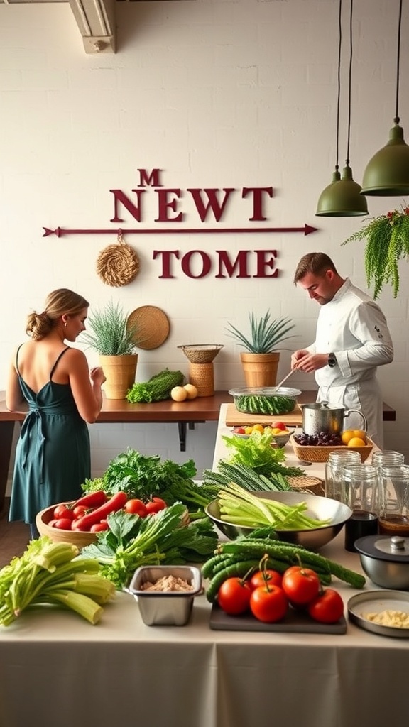 A cooking class setting with fresh vegetables and participants preparing food.