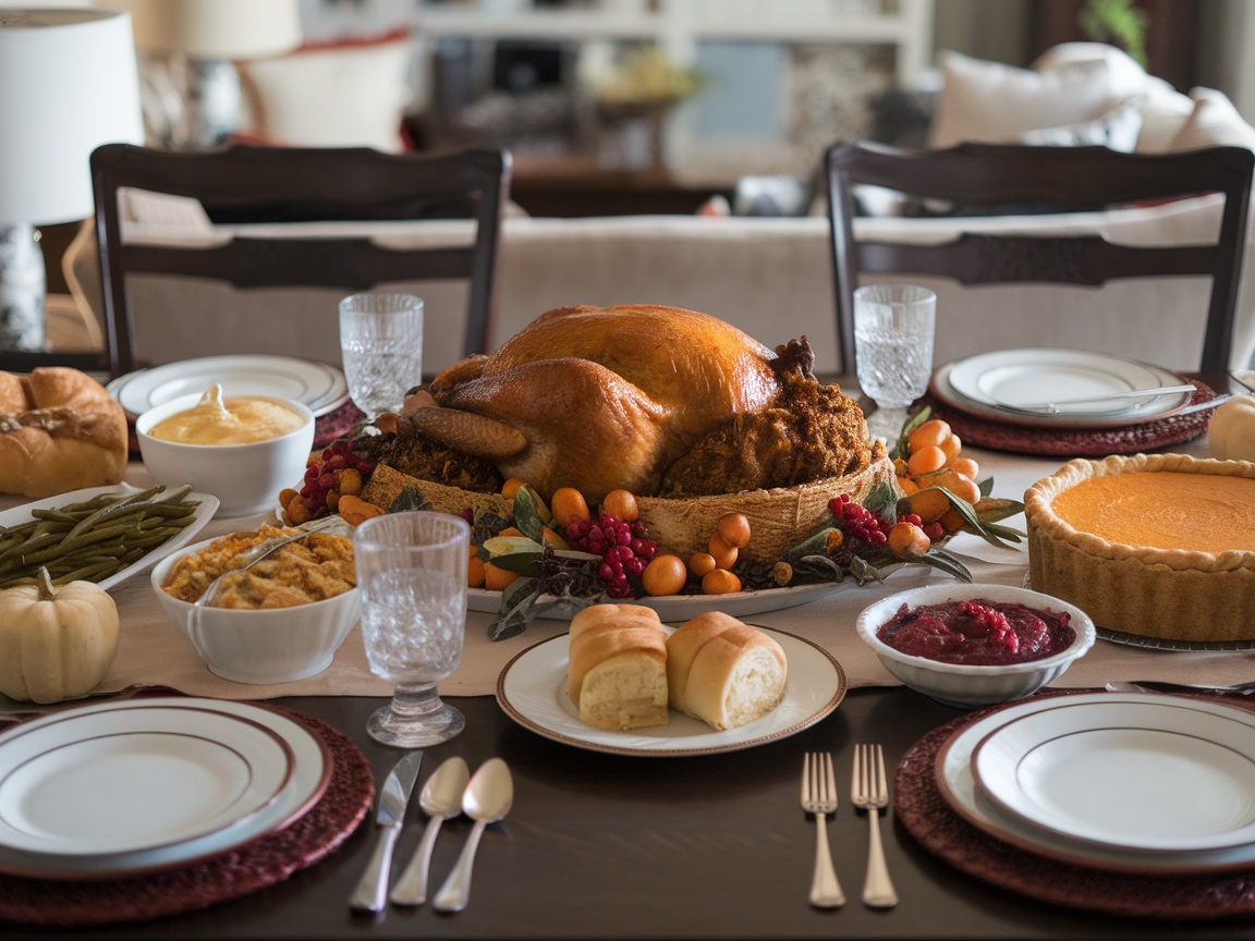 A beautifully arranged platter of fruits and small pumpkins as a centerpiece for a Thanksgiving table.