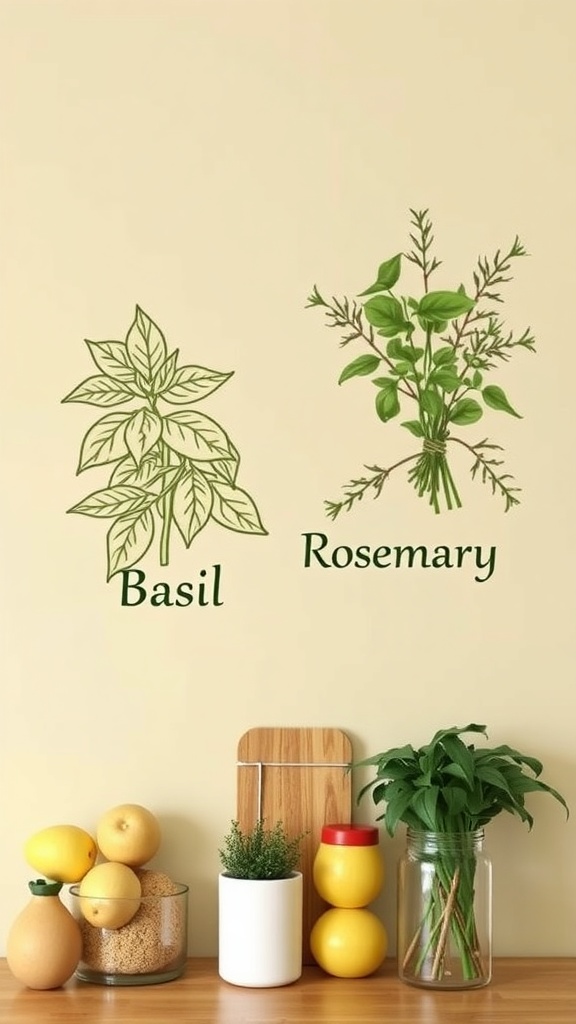 A stylish kitchen wall with green herb decals and the word 'Herbs' displayed.