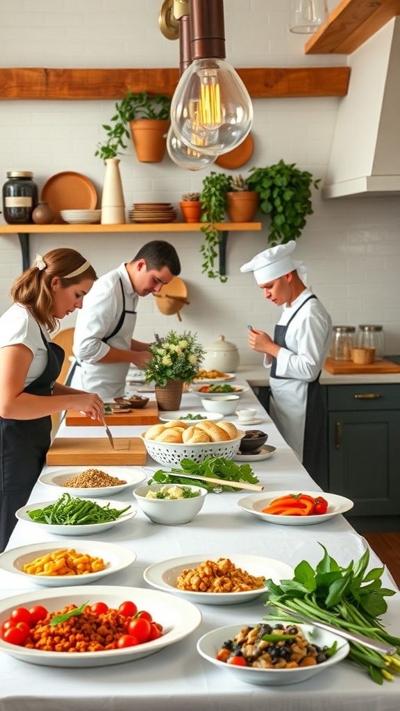 A lively kitchen scene featuring people preparing Italian dishes together with fresh ingredients laid out.