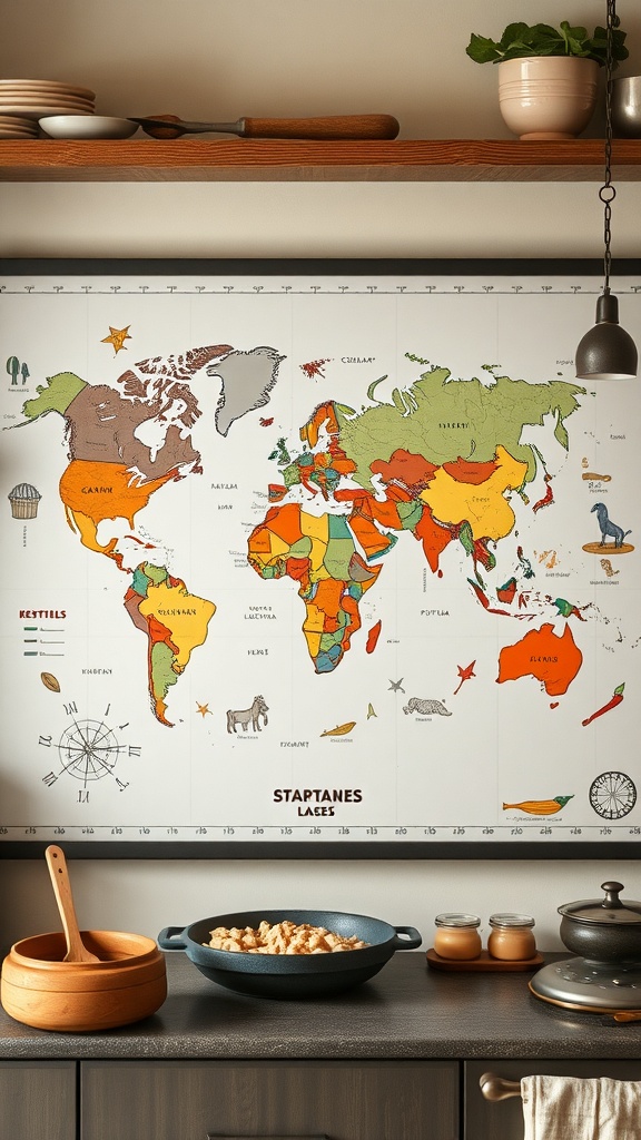 A colorful culinary world map displayed on a kitchen wall, showcasing various countries and their cuisines.