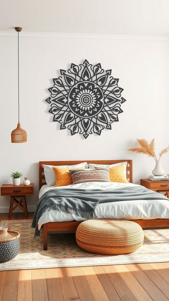 A beautifully designed metal wall art piece featuring a mandala pattern, displayed above a cozy bed in a well-decorated room.