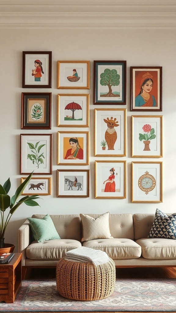 Gallery wall featuring a variety of framed cultural art pieces above a cozy sofa.