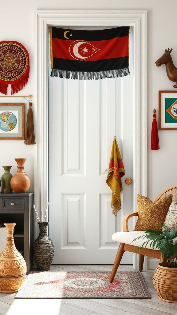 A decorated door showcasing a cultural flag and various decorative items, creating a warm and inviting atmosphere.