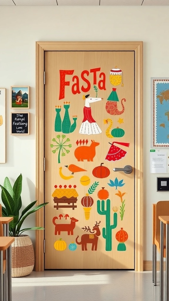 A classroom door decorated with colorful cultural symbols and designs.