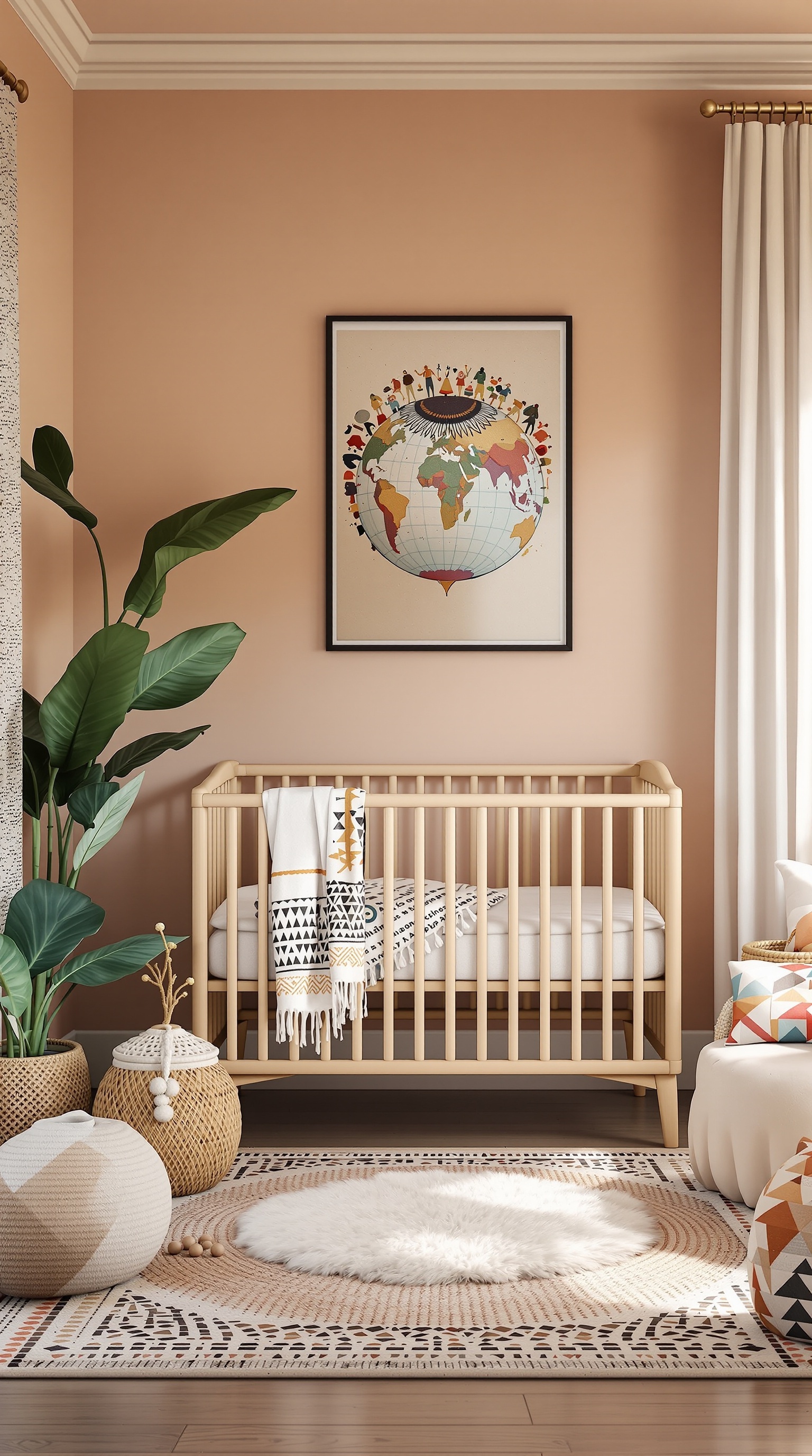 A boho baby nursery featuring a crib, a world map on the wall, plants, and decorative elements.