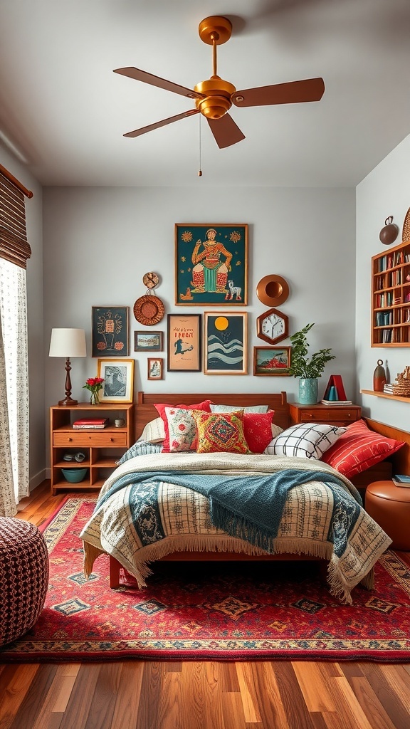 A cozy teen bedroom featuring cultural fusion decor with colorful pillows, a patterned rug, and diverse wall art.