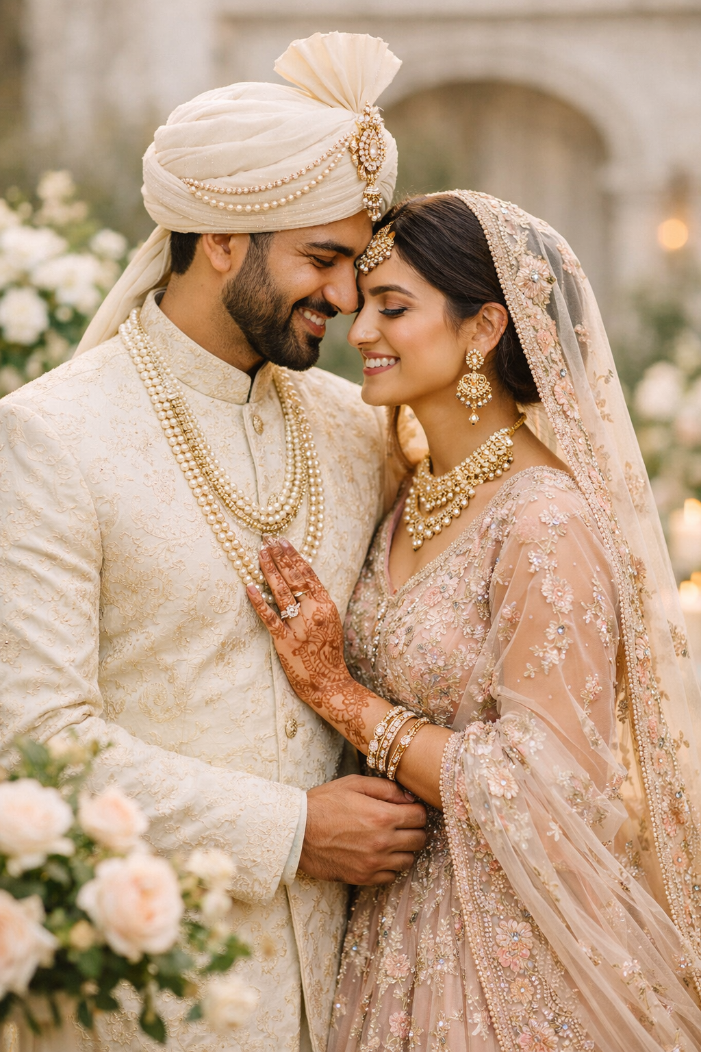 A couple in traditional attire for engagement photos, surrounded by roses