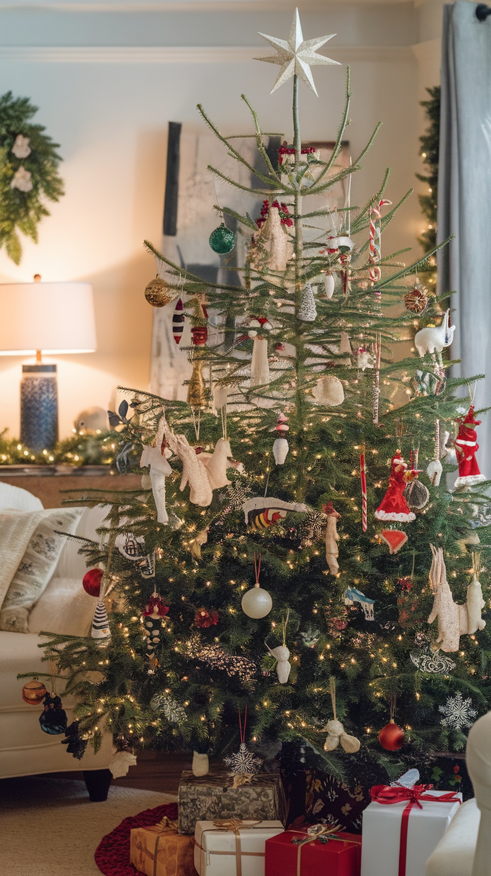 A beautifully decorated Christmas tree with various ornaments, showcasing cultural heritage.
