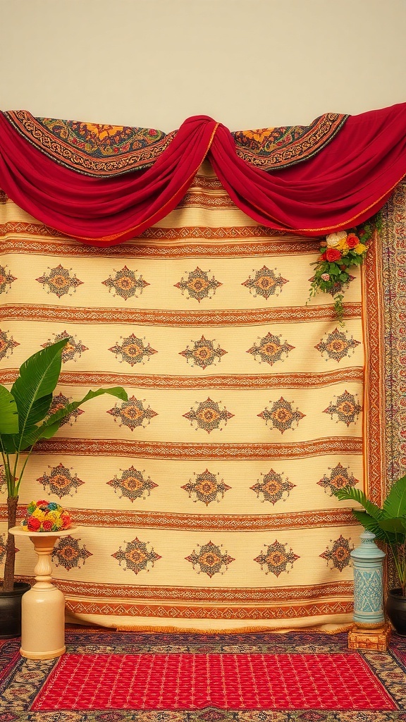 A beautiful decorative backdrop showcasing traditional motifs, vibrant drapes, and elegant floral arrangements, ideal for a cultural heritage themed bridal shower.