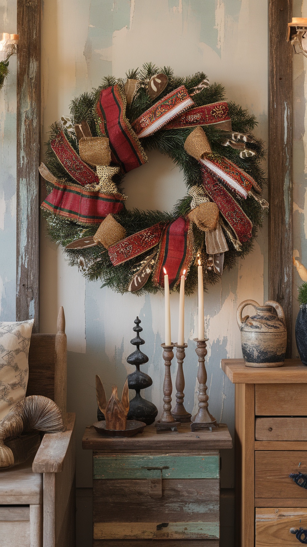 A Christmas wreath decorated with ribbons and natural elements, displayed next to candles and rustic decor.