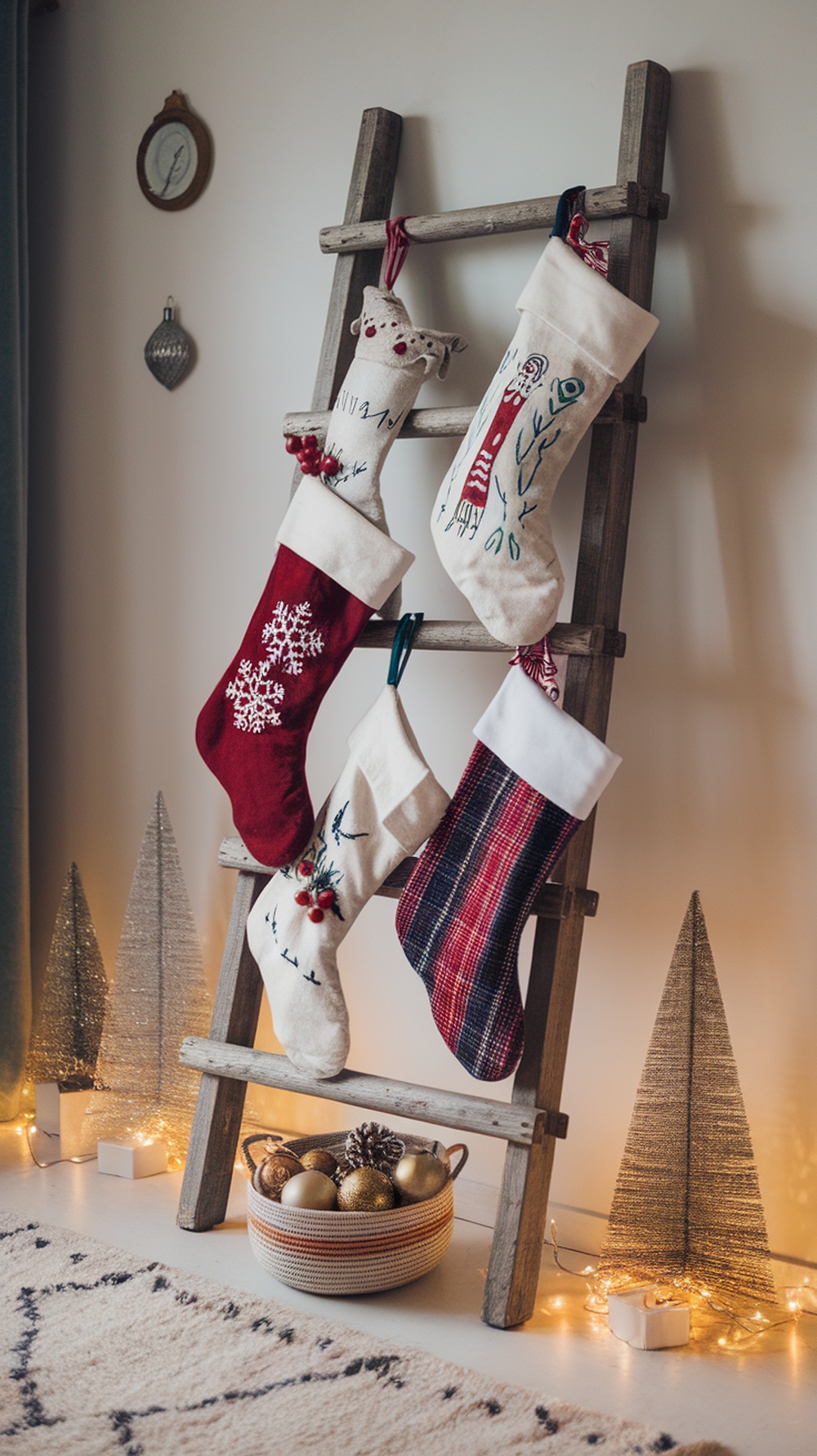 A rustic ladder displaying colorful Christmas stockings, with decorative elements and a cozy holiday atmosphere.