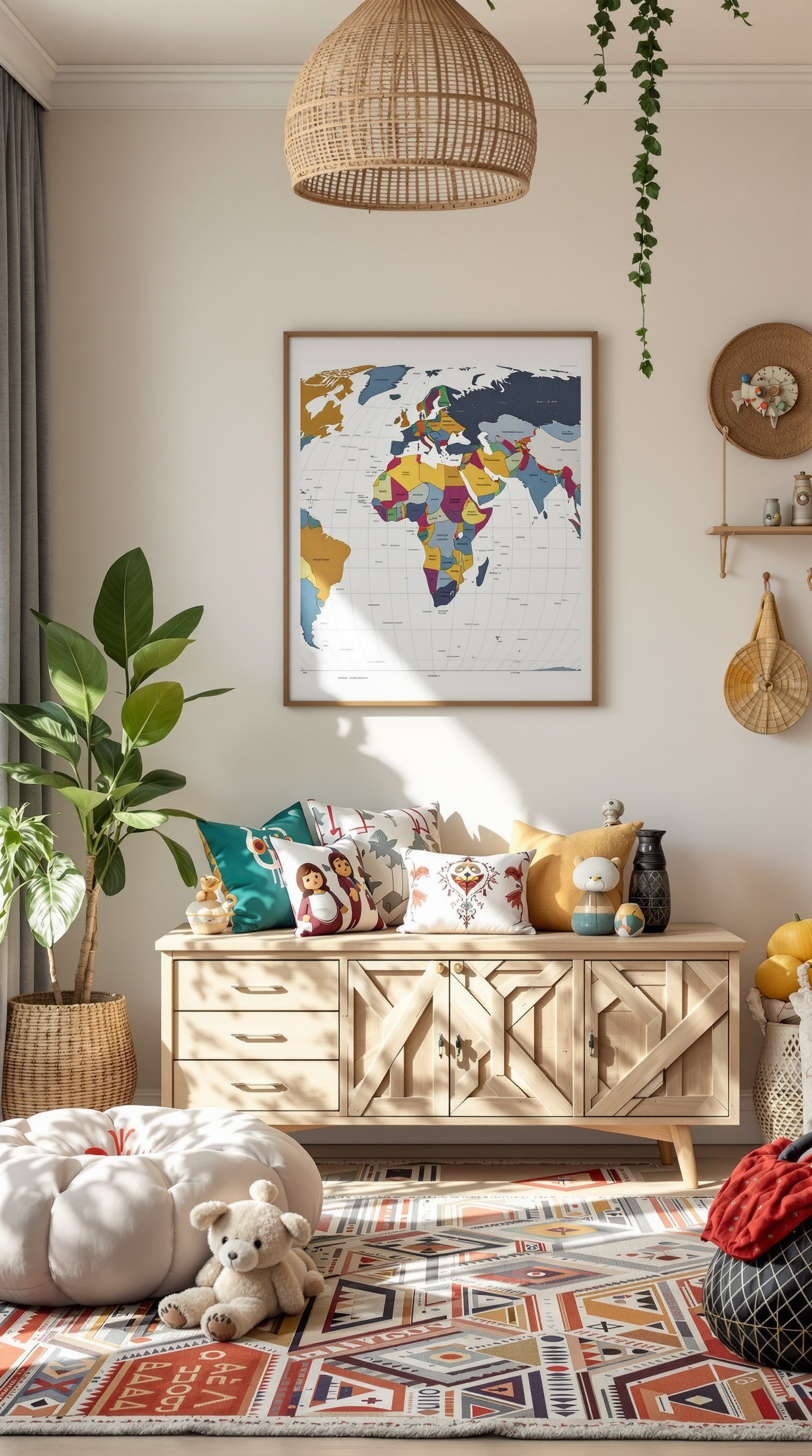 Eclectic kids room featuring a world map, colorful pillows, and natural decor elements.