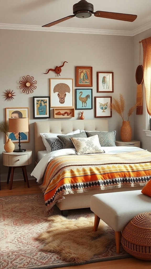 A cozy teen bedroom featuring cultural decor with warm colors, wall art, and textured textiles.