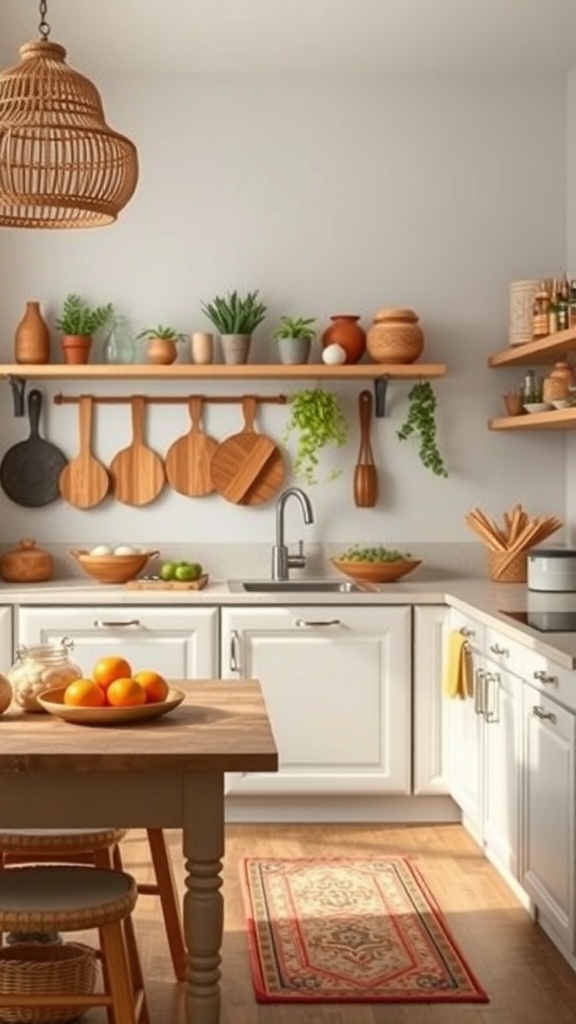 A cozy kitchen with wooden shelves, plants, and a woven light fixture.