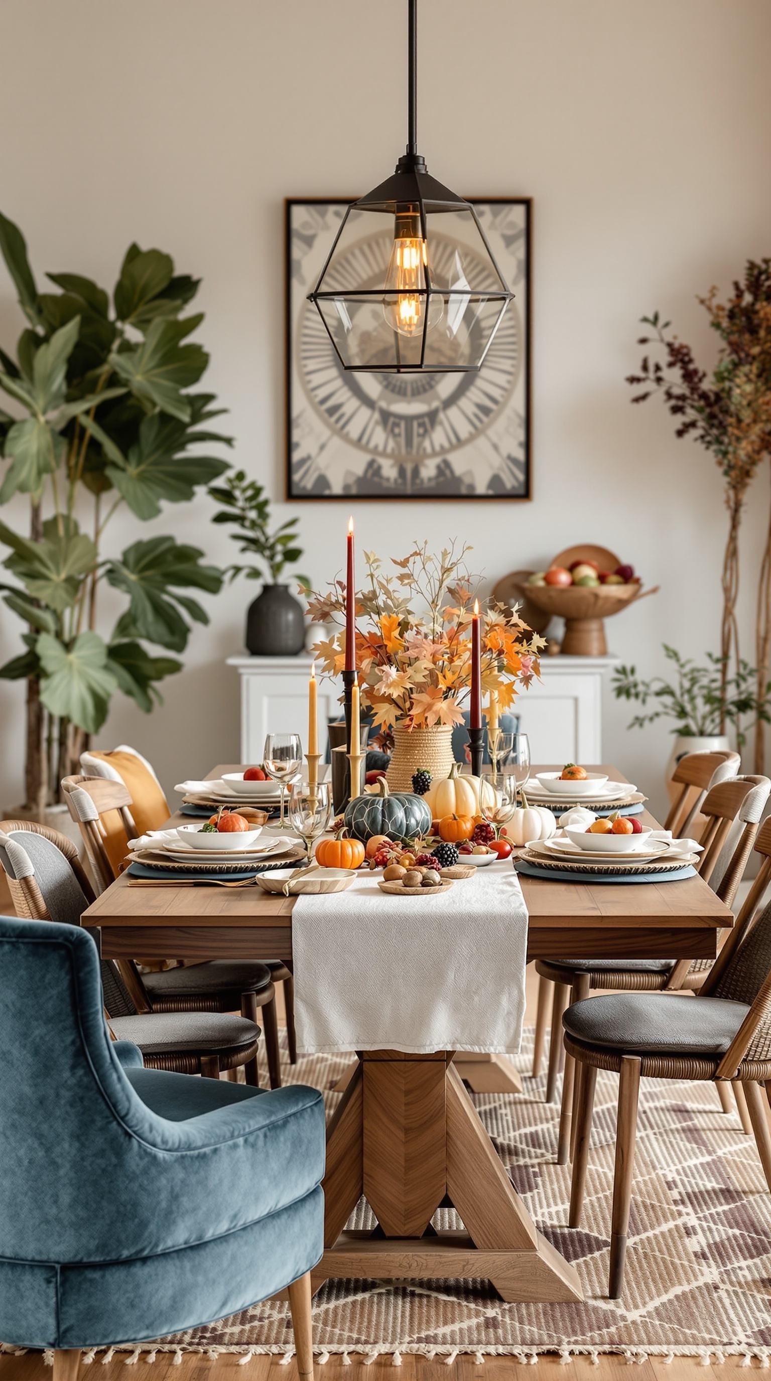 A beautifully set Thanksgiving table with autumn decor, including pumpkins, candles, and fall foliage.