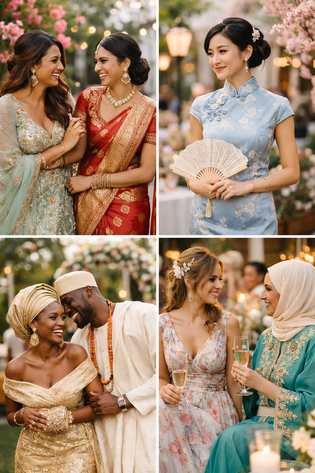 A collage showcasing diverse wedding guest attires including traditional Indian sarees, a Chinese qipao, African attire, and Middle Eastern kaftans.