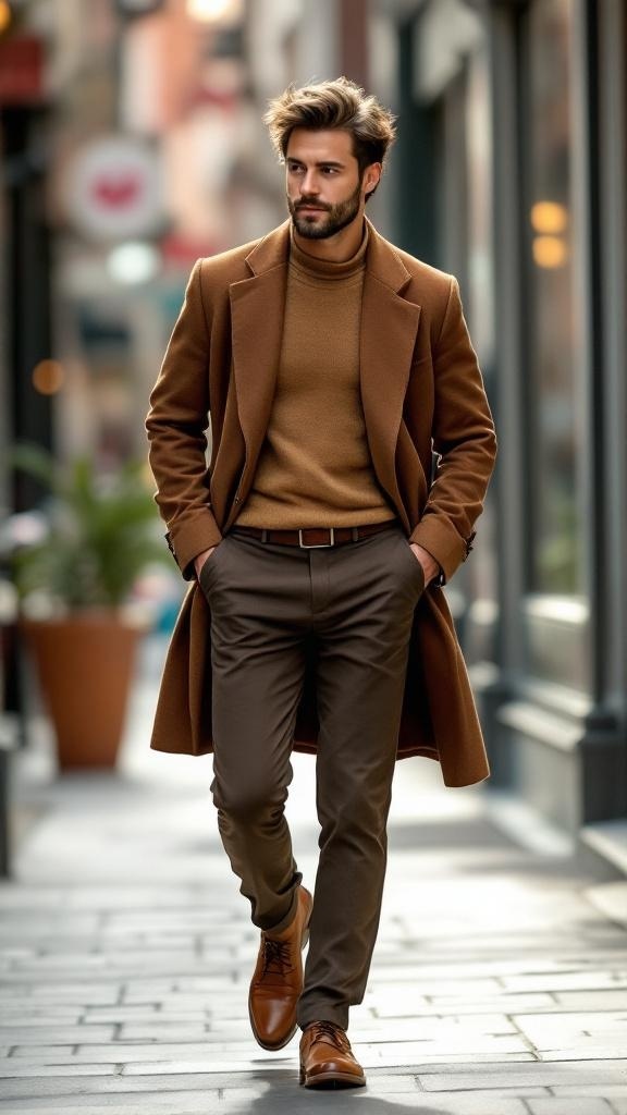 A man in a brown suit walking confidently in a city street.