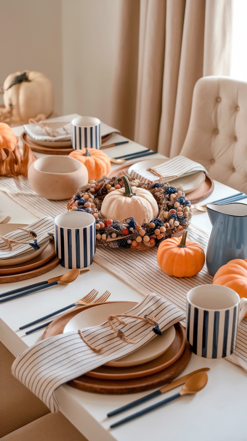 A beautifully arranged boho Thanksgiving table with pumpkins, wooden plates, and striped mugs.