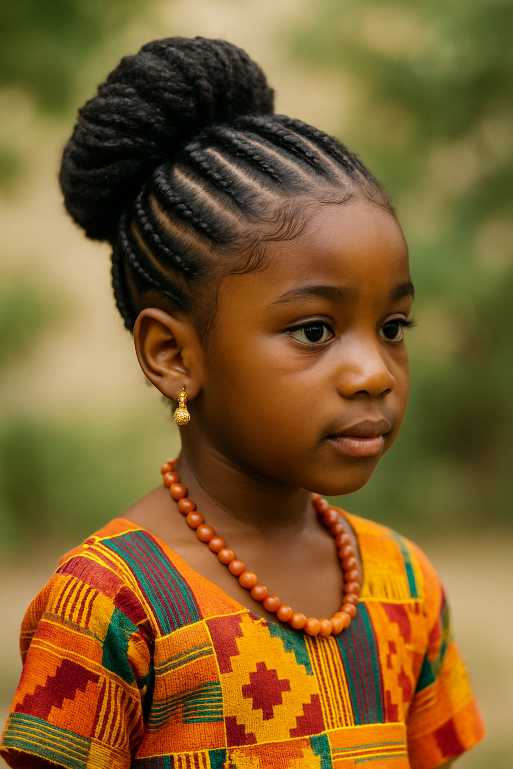 A young girl with braided hair styled in a bun, wearing a colorful traditional outfit.