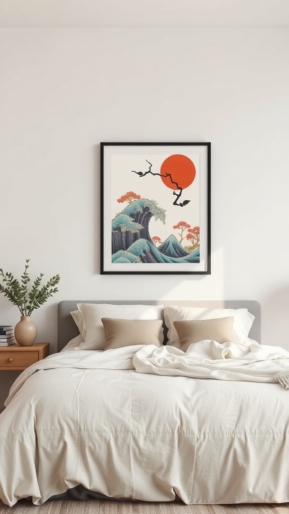 A framed cultural motif print featuring a red sun and waves, displayed above a bed in a minimalist bedroom.