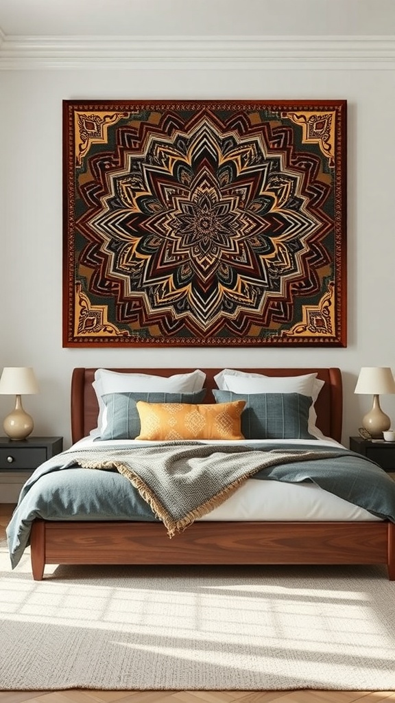 A beautifully patterned wall art piece featuring intricate geometric designs in earthy tones, displayed above a cozy bed in a modern bedroom.