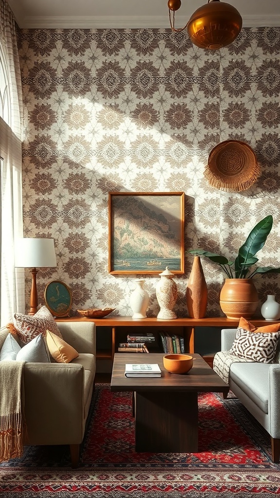 A cozy living room with floral patterned wallpaper, wooden furniture, and decorative vases.