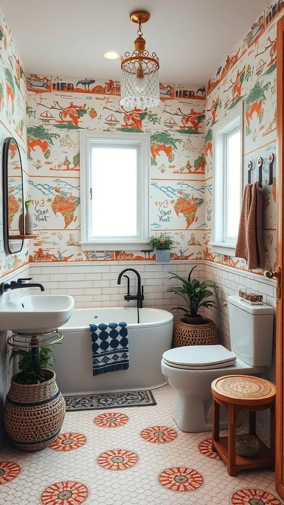 A bathroom featuring cultural prints inspired by travel, with a map design wallpaper, a bathtub, and plants.