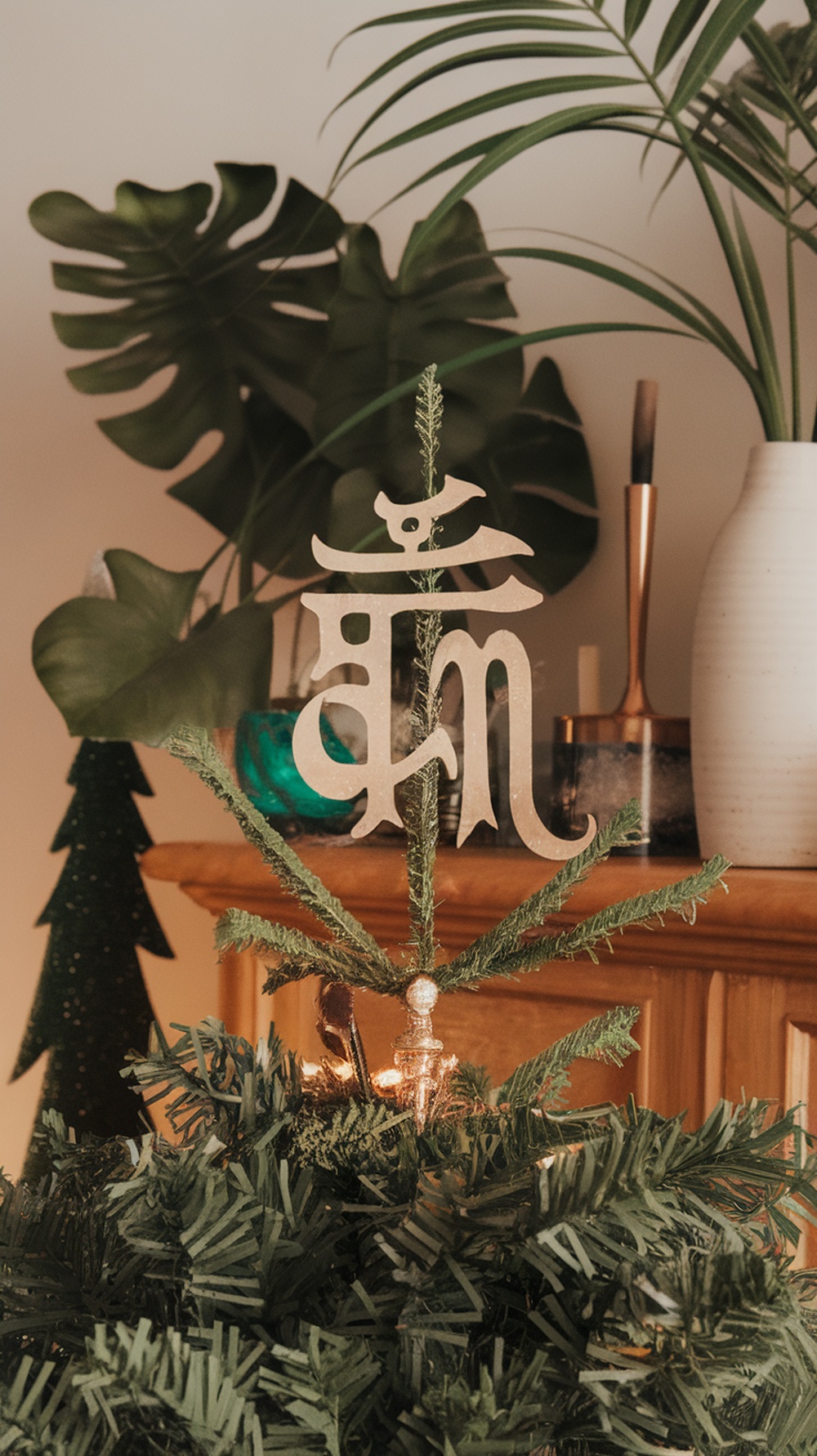 A decorative Christmas tree topper with a unique design, placed atop a lush green Christmas tree.