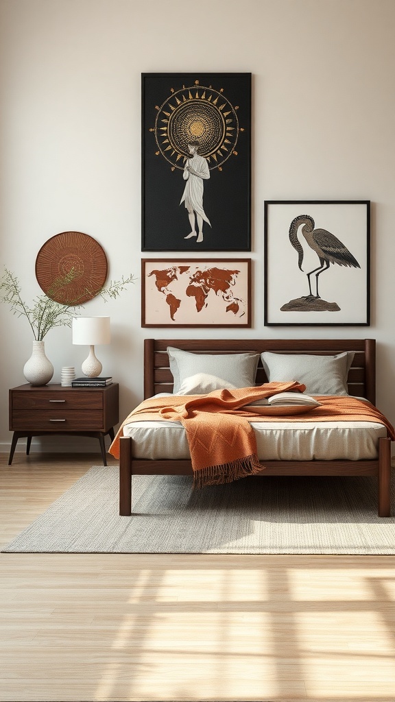 A serene bedroom featuring Japandi wall art, including a sun motif, a world map, and a heron, showcasing a blend of Japanese and Scandinavian design.
