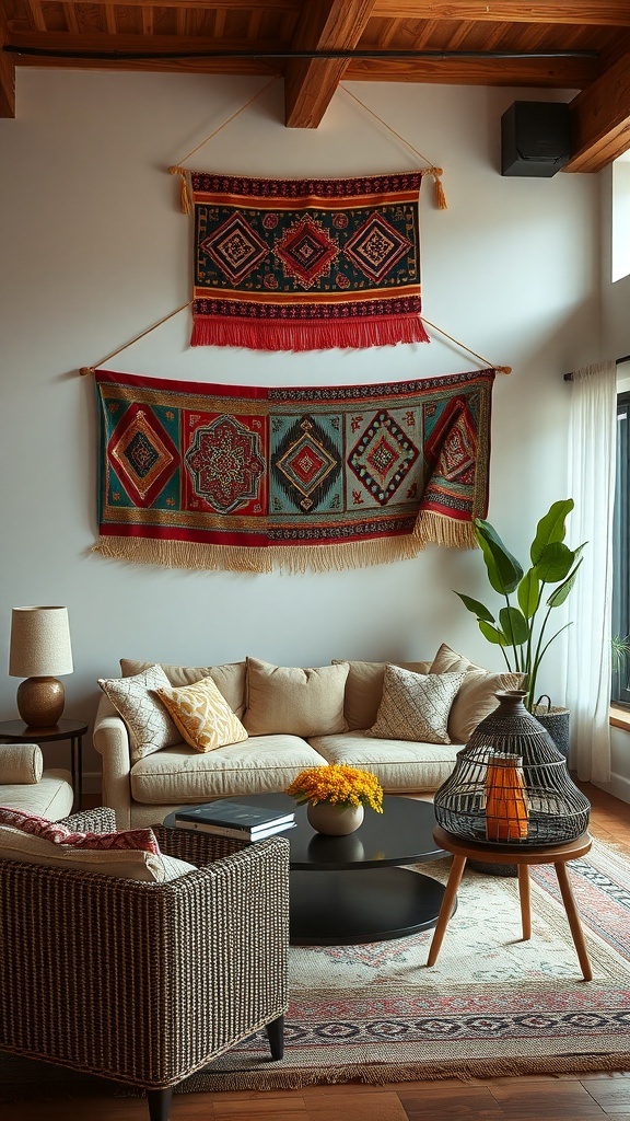 Two cultural textile hangings displayed on a living room wall, showcasing intricate designs and vibrant colors.