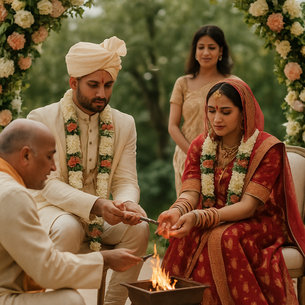 A couple in traditional attire performing a wedding ceremony with a priest, surrounded by floral decorations.