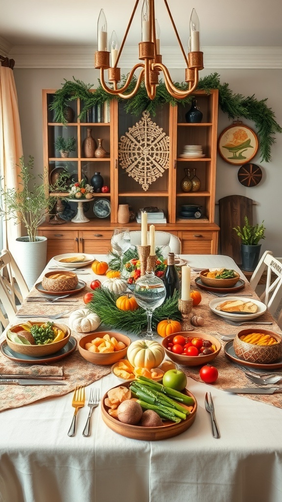 A winter tablescape featuring a variety of seasonal foods, candles, and greenery.